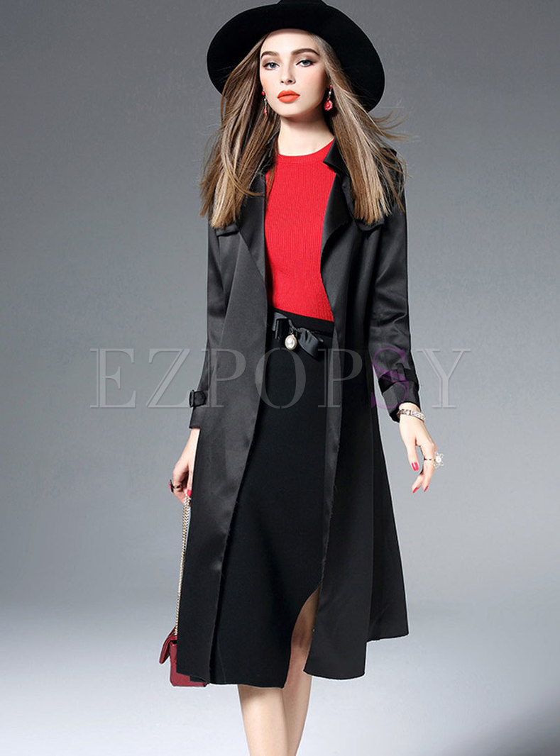 Trendy Solid Color Notched Loose Tie-waist Coat