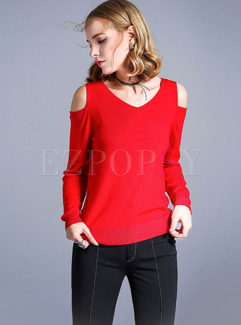 Pure Color V-neck Off Shoulder Knitted Sweater