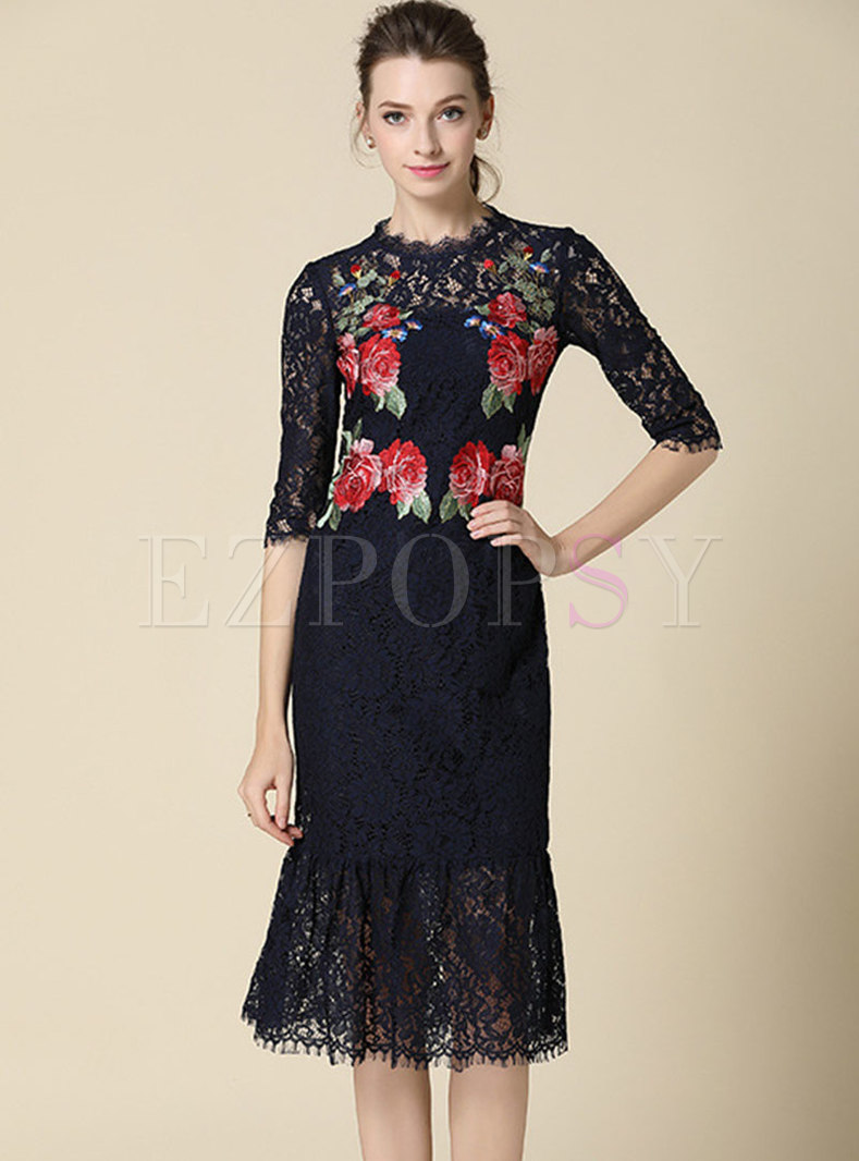 Stylish Lace Embroidered Half Sleeve See-though Mermaid Dress