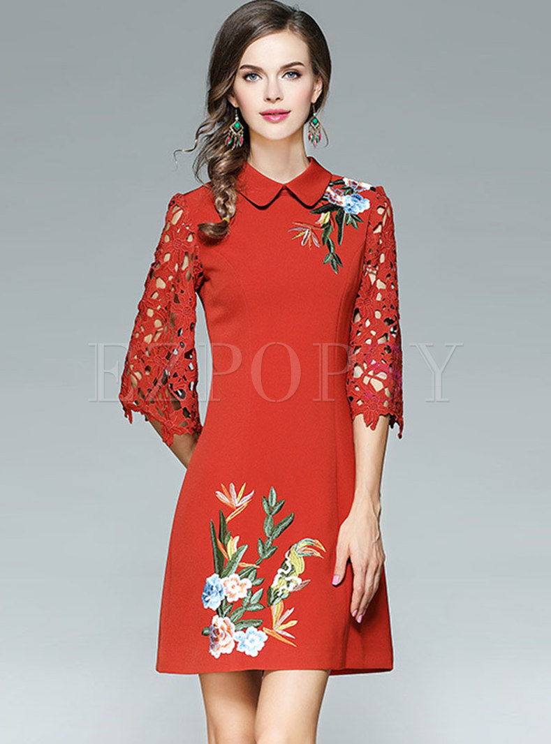 Trendy Lapel Hollow Out Embroidered Slim Skater Dress