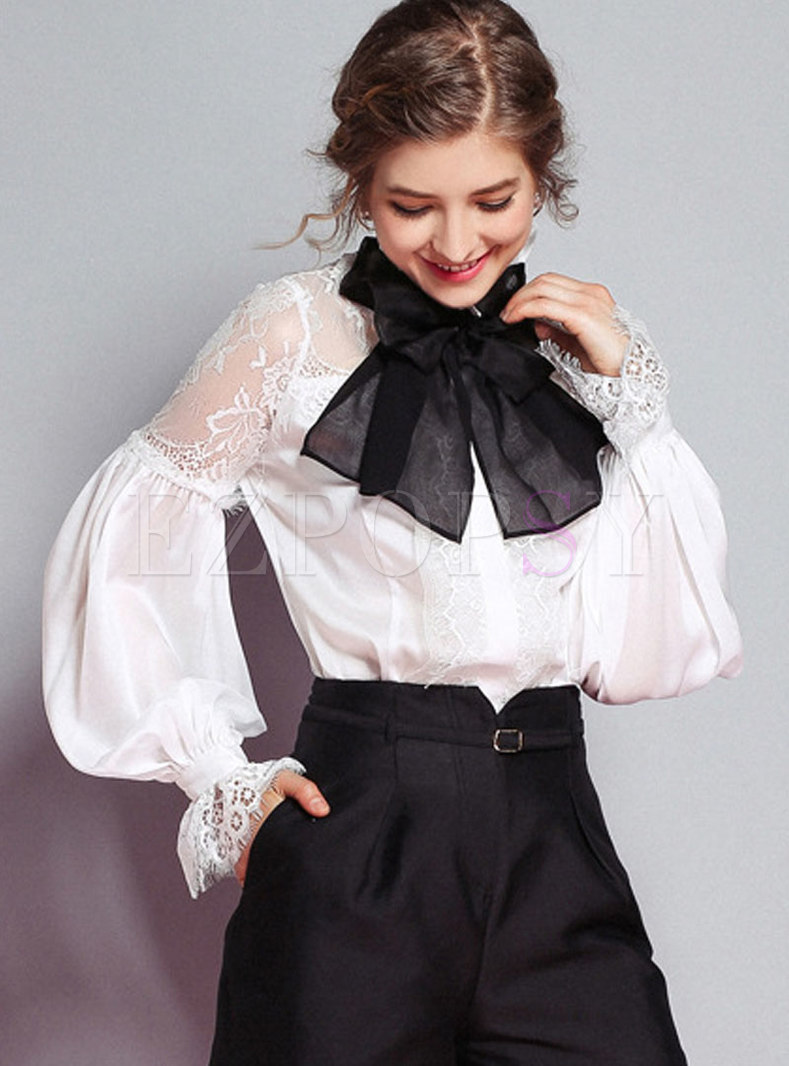 Tops | Blouses | White Tie-neck Bowknot Lace Patchwork Pullover Top
