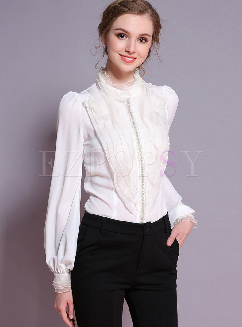 Tops | Blouses | White Standing Collar Beaded Long Sleeve Blouse