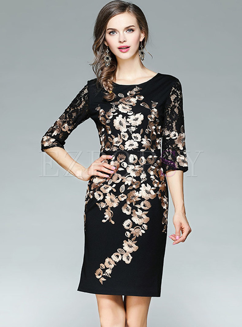 Chic Lace Embroidered Half Sleeve Sheath Dress