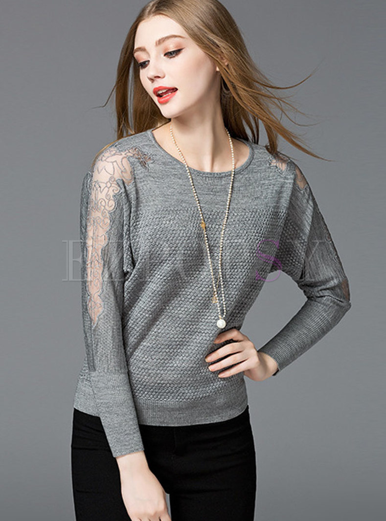 Tops | Sweaters | Casual Grey Bat Sleeve Knitted Perspective Sweater