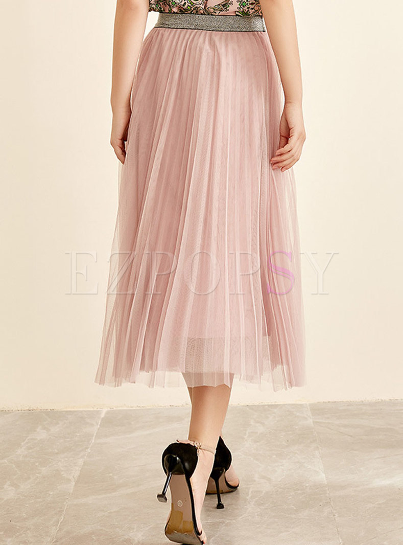 Skirts | Skirts | Stylish Pink Elastic Waist Gauze Pleated Skirt