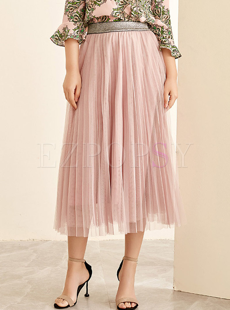 Stylish Pink Elastic Waist Gauze Pleated Skirt