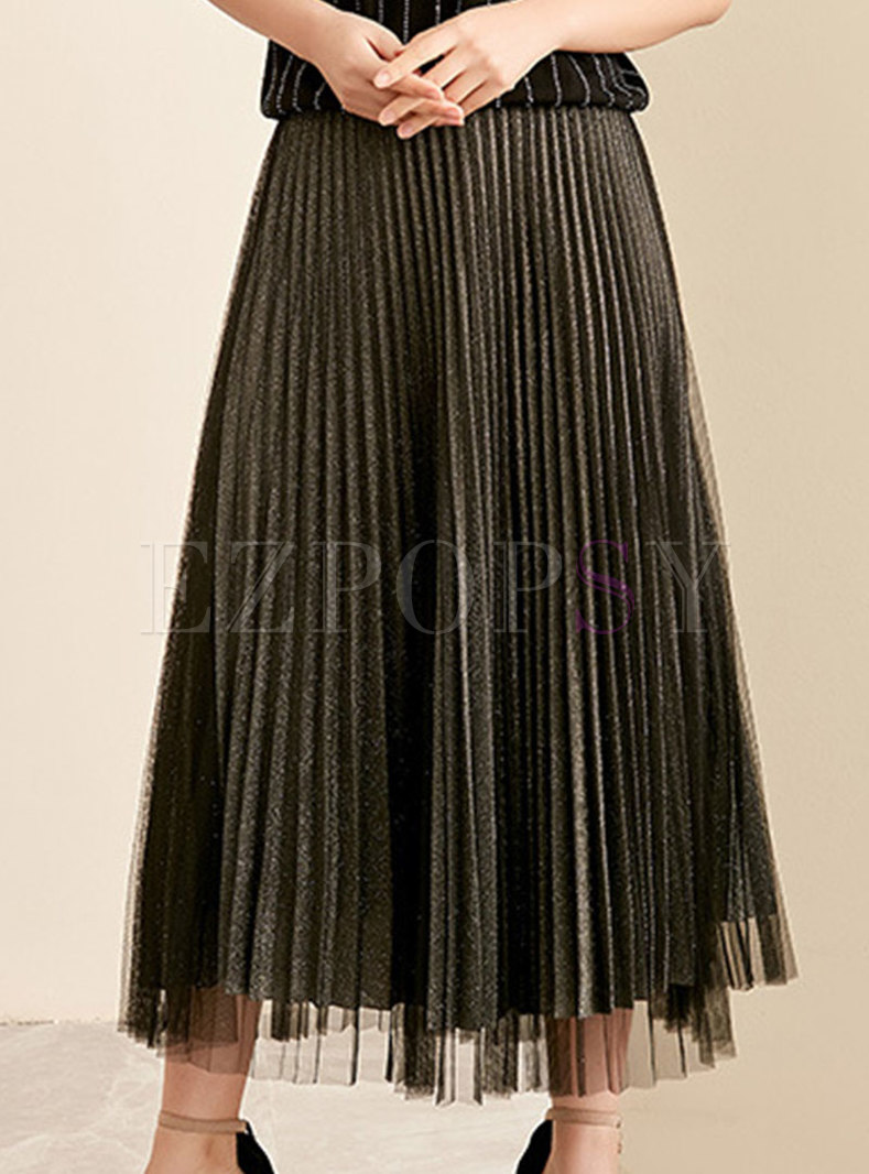 Skirts | Skirts | Mesh Splicing Elastic Waist Pleated A Line Skirt