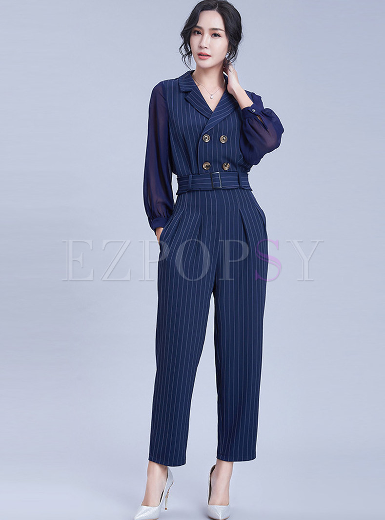 Stylish Notched Long Sleeve Striped Two Piece Outfits