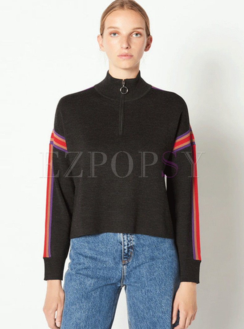 Casual Color-blocked Stand Collar Long Sleeve Sweater
