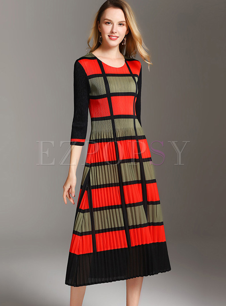 O-neck Long Sleeve Color-blocked Plaid Waist Pleated Dress