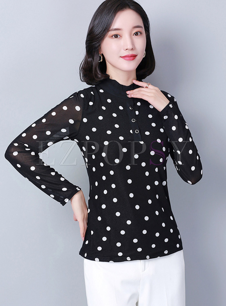 Tops | Blouses | Standing Collar Long Sleeve Mesh Splicing Slim Blouse