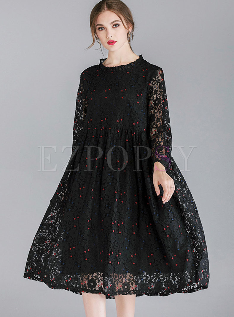 Stylish Color-blocked Ruffled Collar See-through Loose Lace Dress