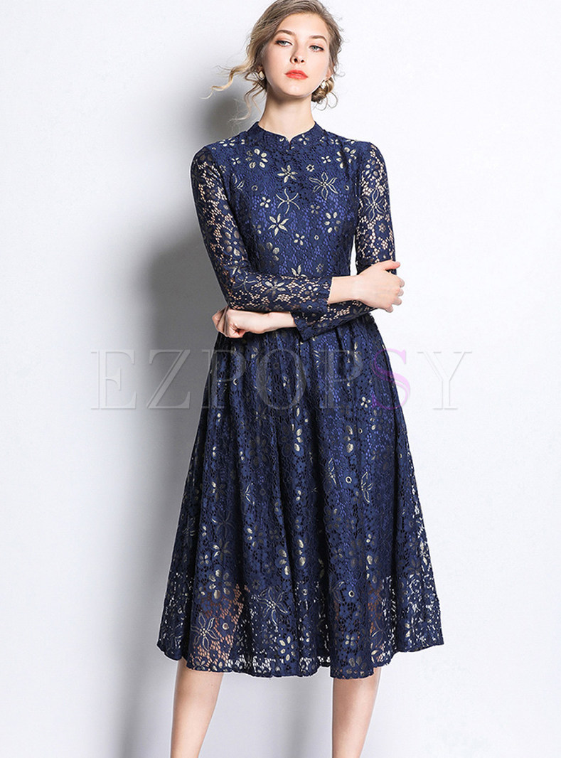 Dresses | Skater Dresses | Elegant Standing Collar Long Sleeve Print Dress