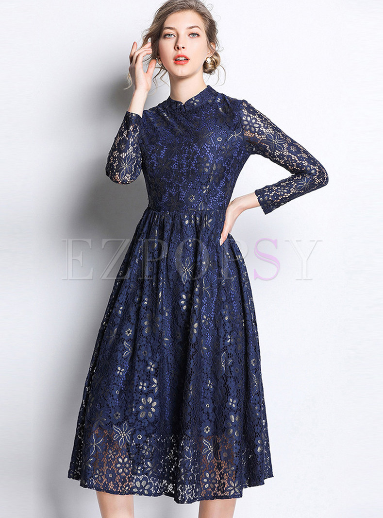 Elegant Standing Collar Long Sleeve Print Dress