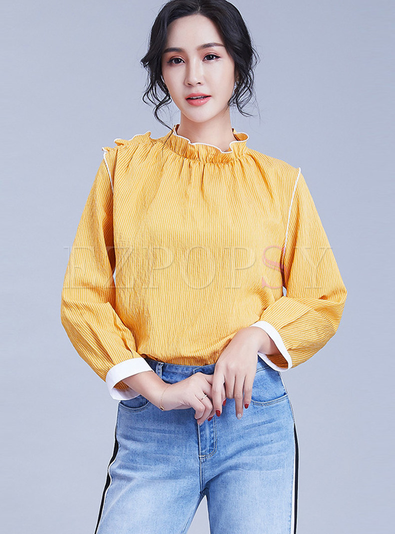 Trendy Striped Pleated Standing Collar Loose Blouse