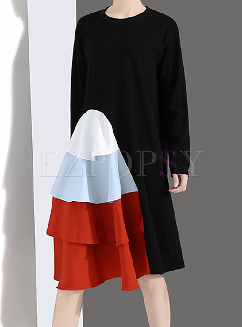 Long Sleeve Irregular Falbala Color-blocked Dress