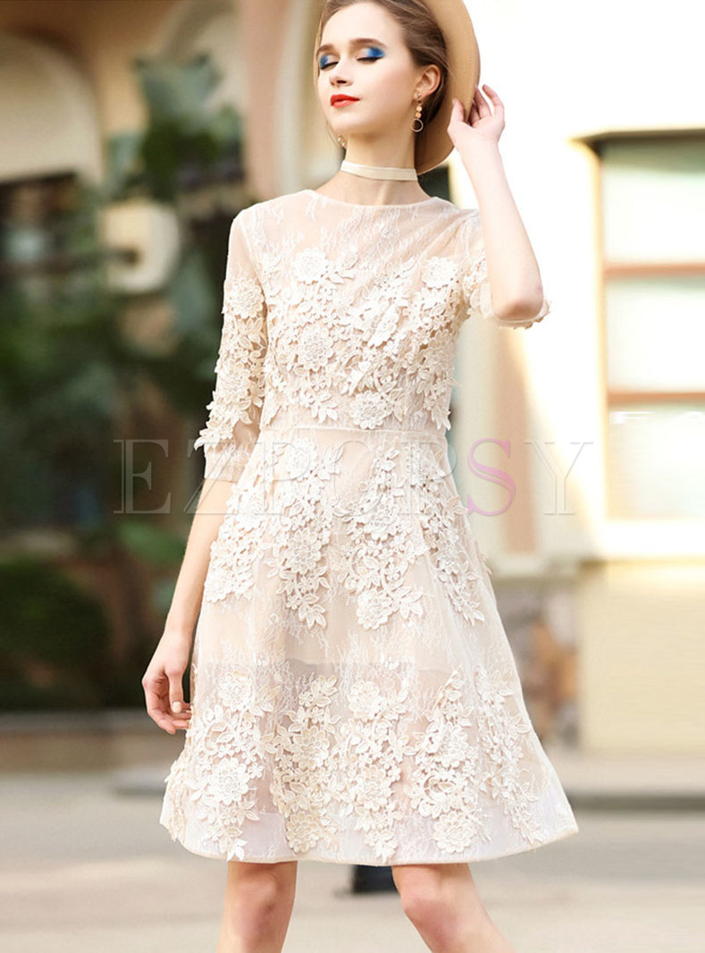 Apricot Mesh Stereoscopic Flower Belted A Line Dress