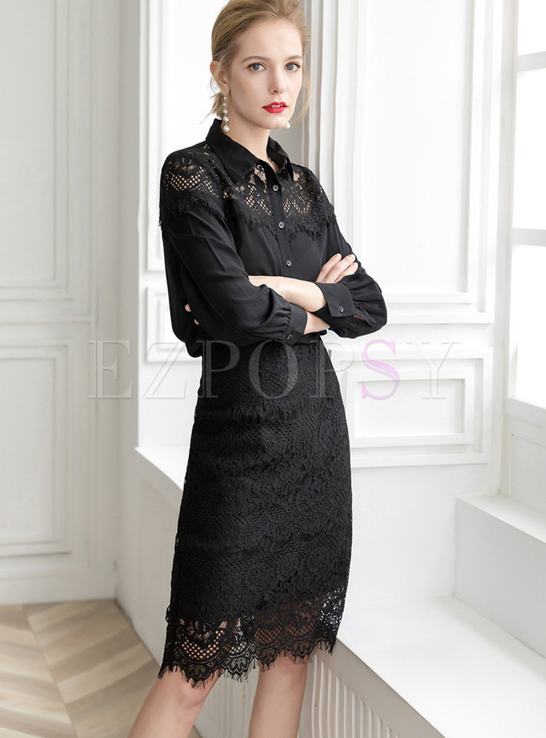 Lapel Long Sleeve Hollow Out Blouse & Lace Bodycon Skirt