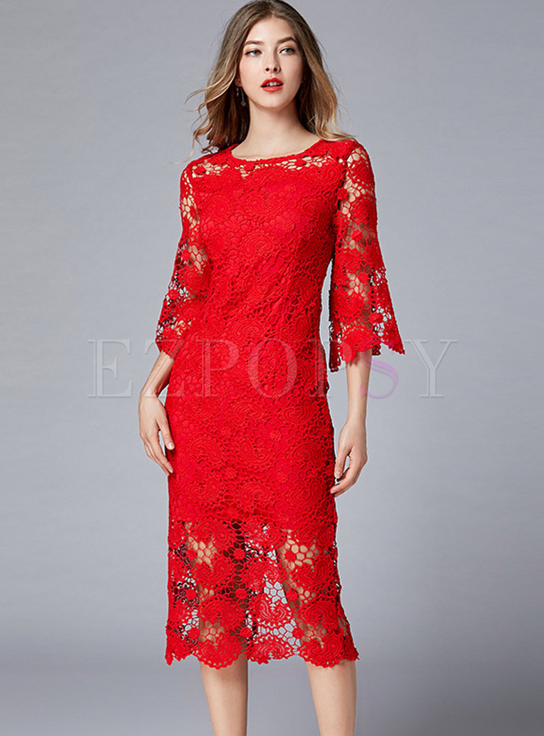 O-neck Plus Size Hollow Out Lace Mid-claf Slim Dress