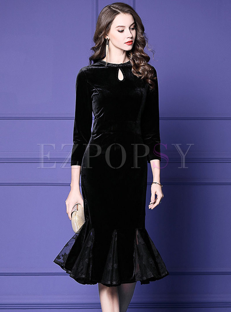 Elegant Black Velvet Splicing Hollow Out Sheath Mermaid Dress