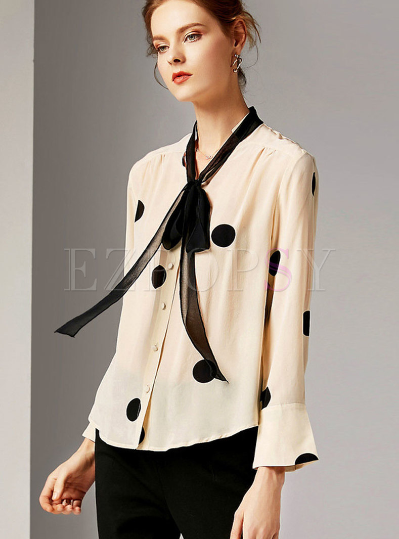 Light Apricot Tie-neck Bowknot Chic Blouse With Dots