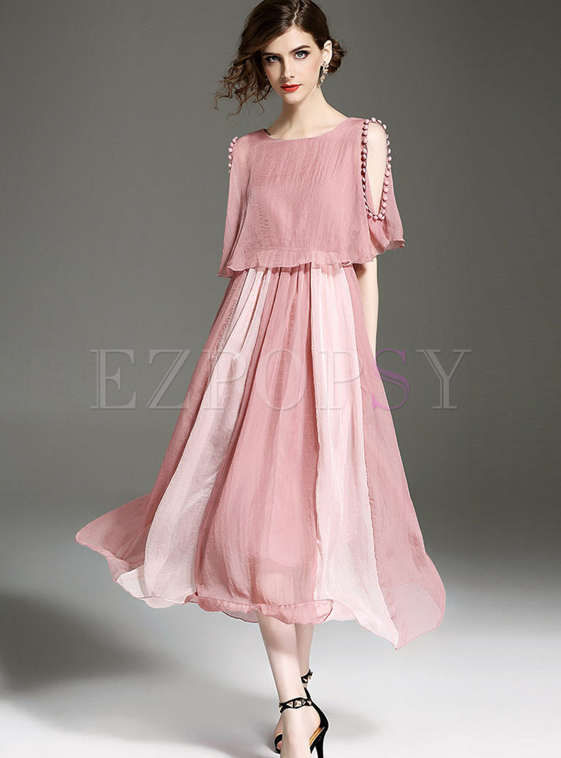 Pink Off Shoulder Stitching Short Sleeve Maxi Dress