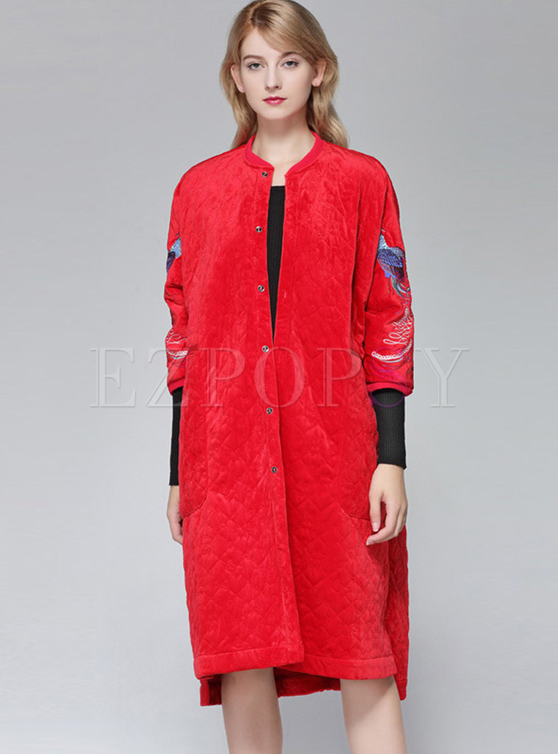 Crew Neck Embroidered Loose Overcoat