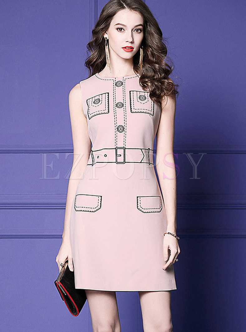 Pink Sleeveless High-rise Zipper Print Bodycon Dress