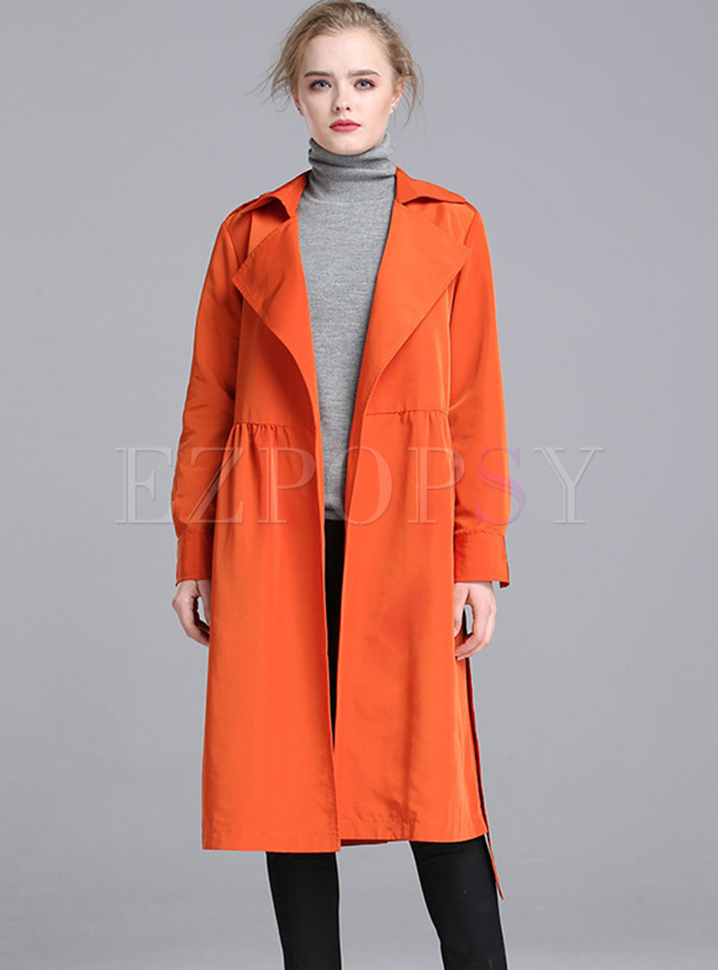 Brief Solid Color Notched Long Sleeve Trench Coat