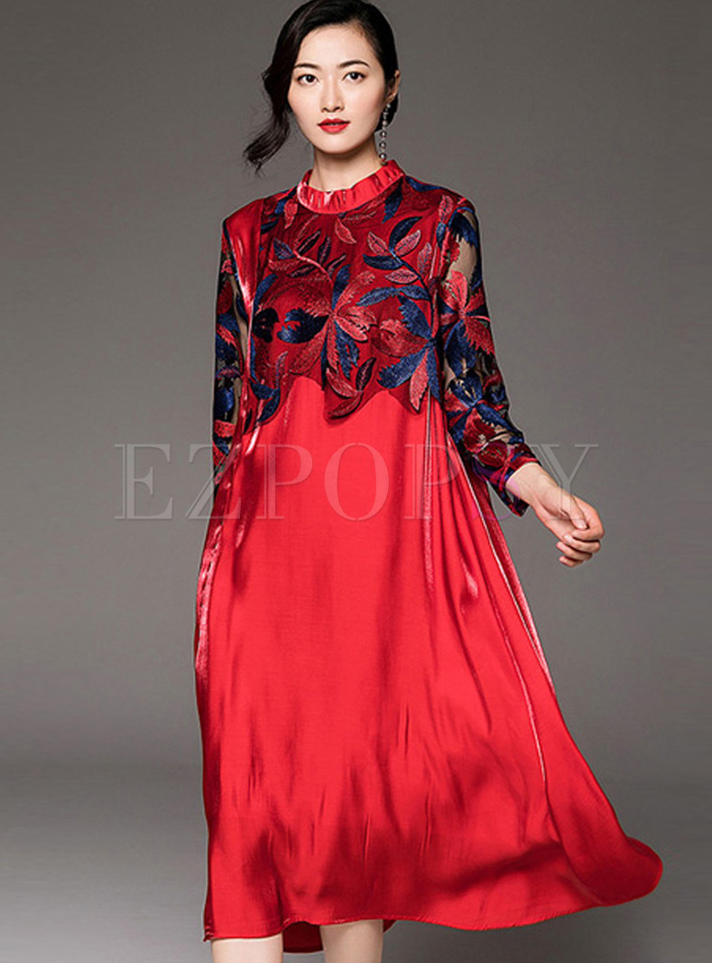 O-neck Embroidered Splicing Loose Shift Dress