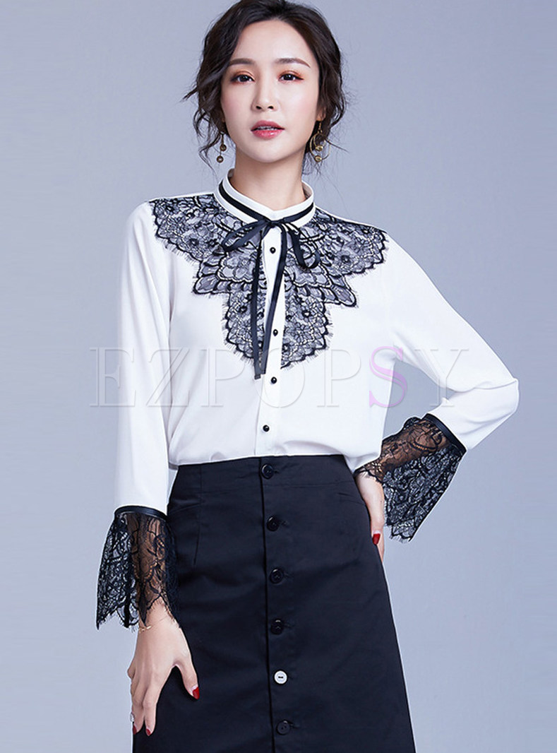 Stylish Bowknot Tied Long Sleeve Lace Splicing Blouse