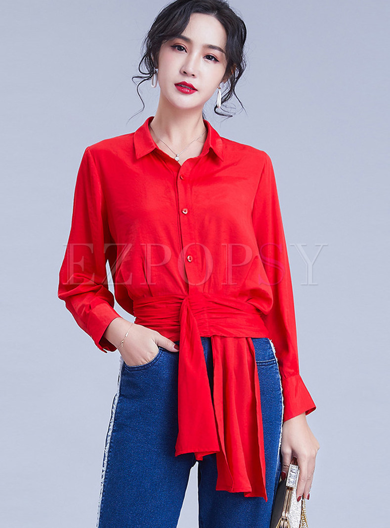 Solid Color Turn Down Collar Long Sleeve Ribbon Blouse