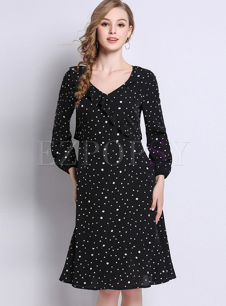 Trendy Black V-neck Long Sleeve Dots Dress