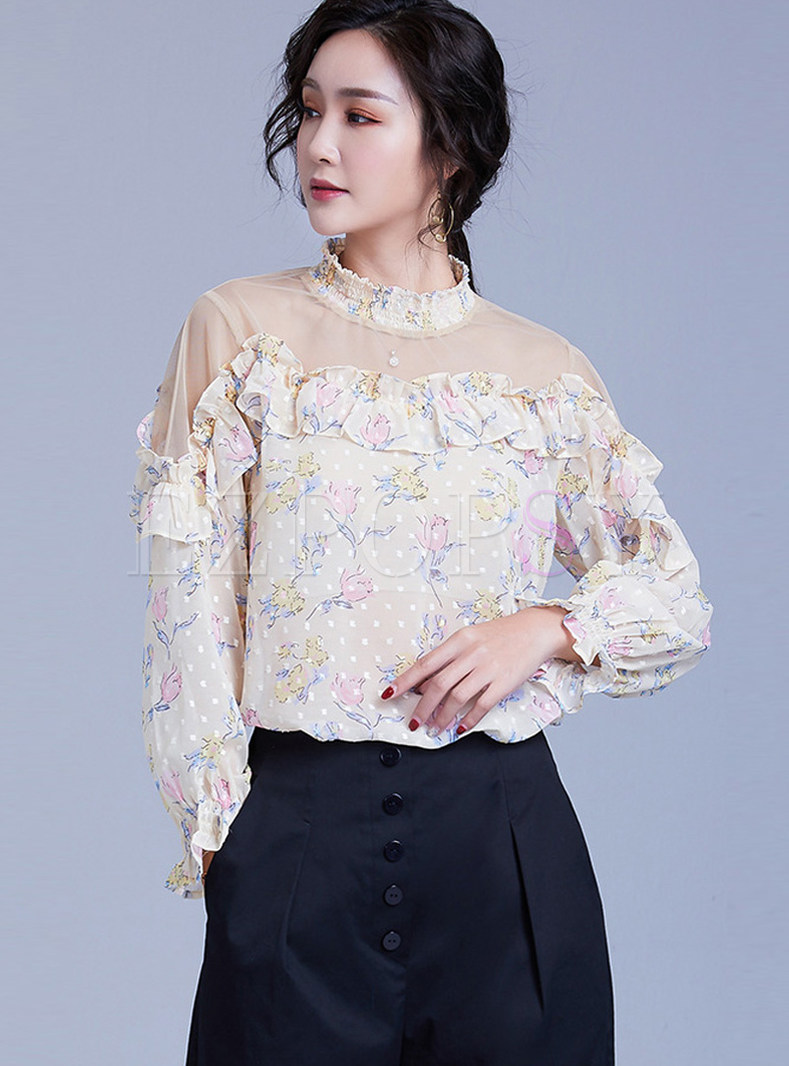 Sexy Standing Collar Long Sleeve Print Blouse
