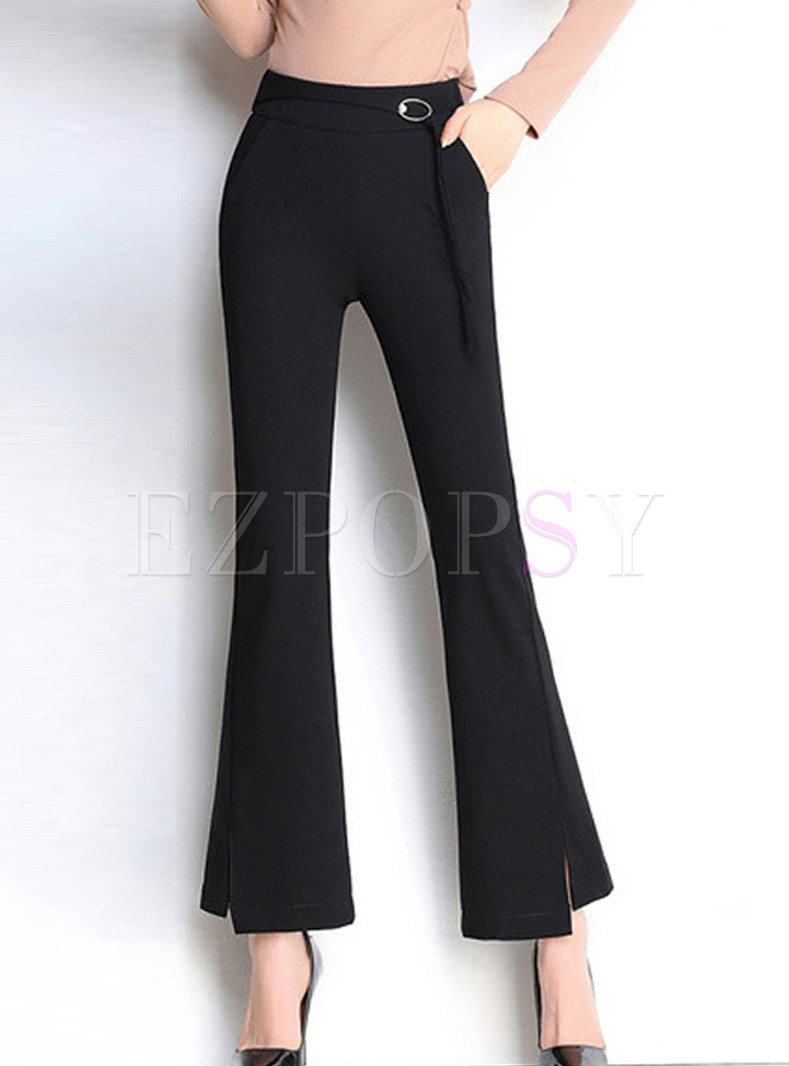 Fashion Solid Color High Waist Flare Pants With Metal