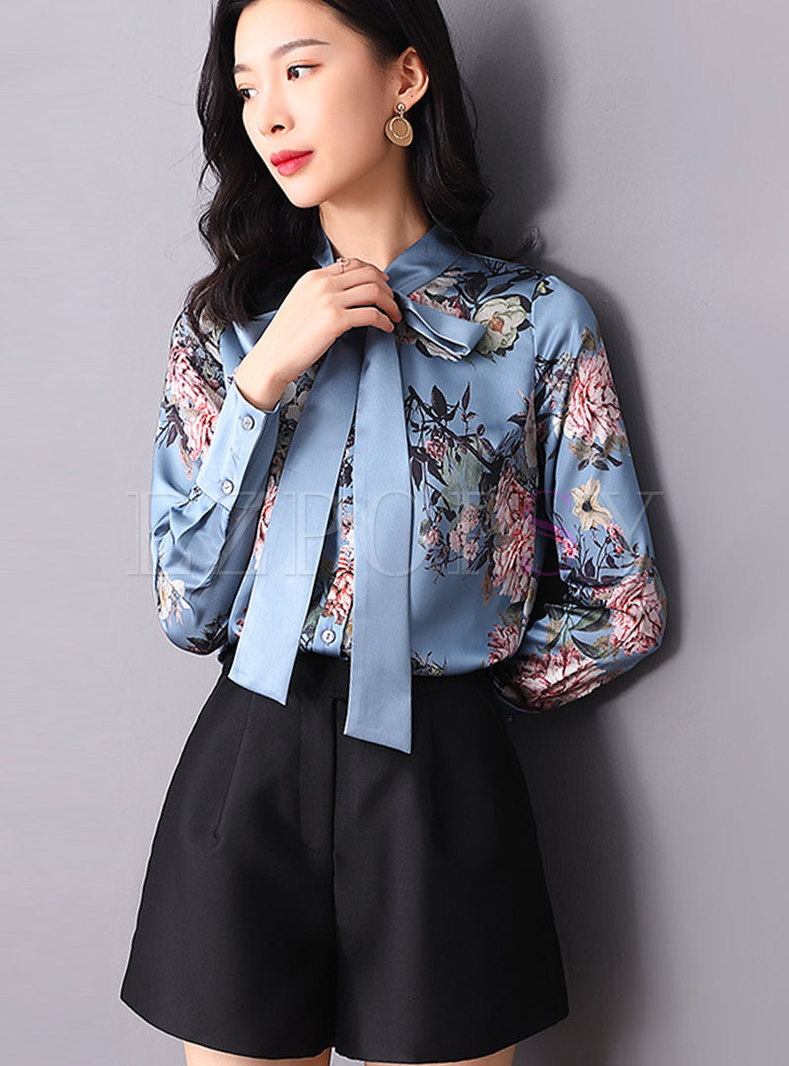 Color-blocked Print Tie-collar Single-breasted Blouse