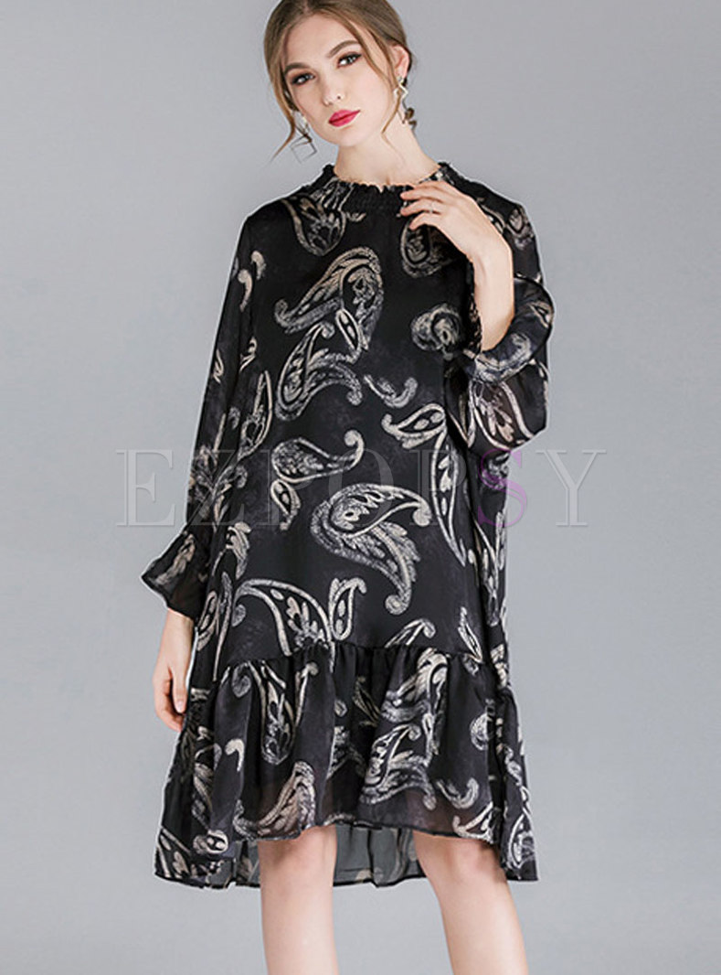 Dresses | Shift Dresses | Stylish Crew-neck Print Pleated Loose Dress