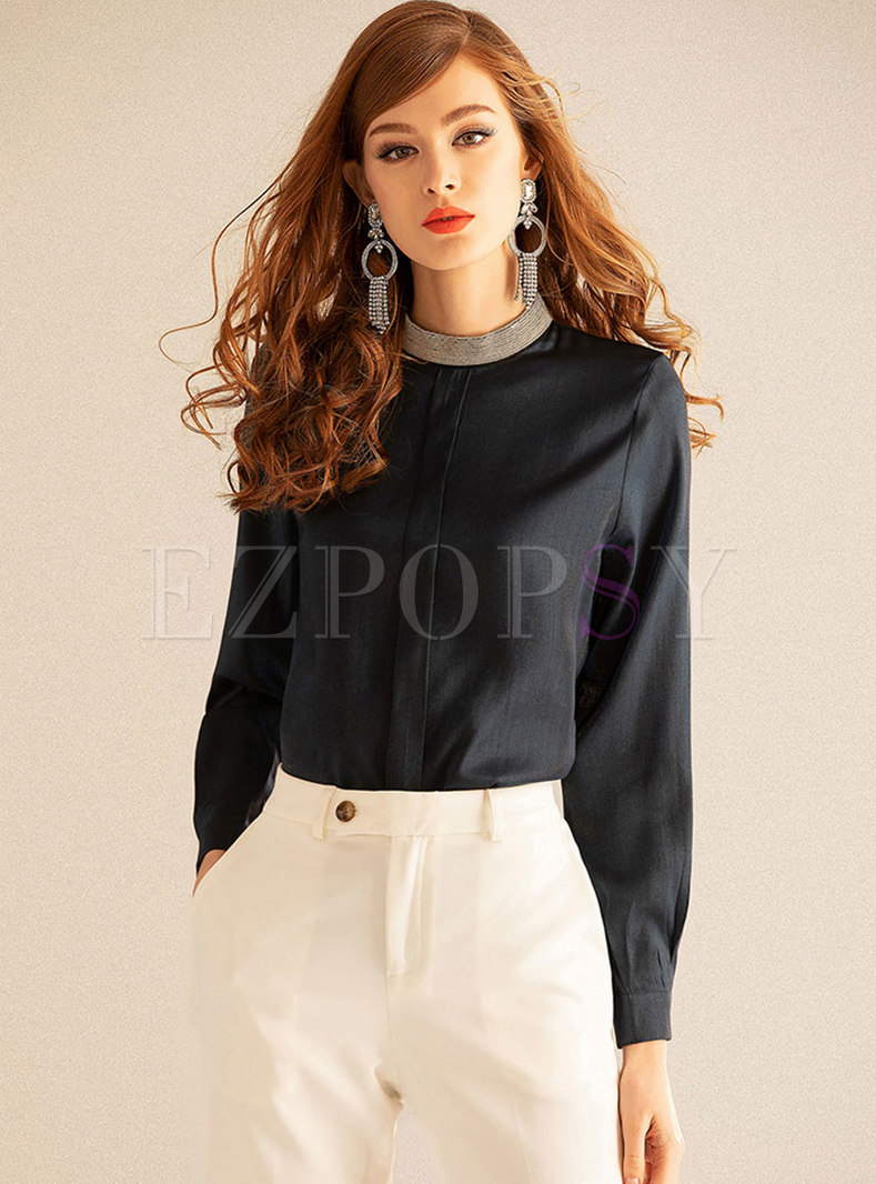 Stylish Stand Collar Drilling Pullover Blouse