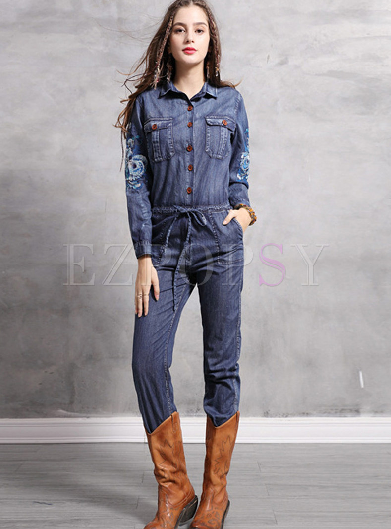 Casual Lapel Embroidered Tie-Waist Jumpsuit
