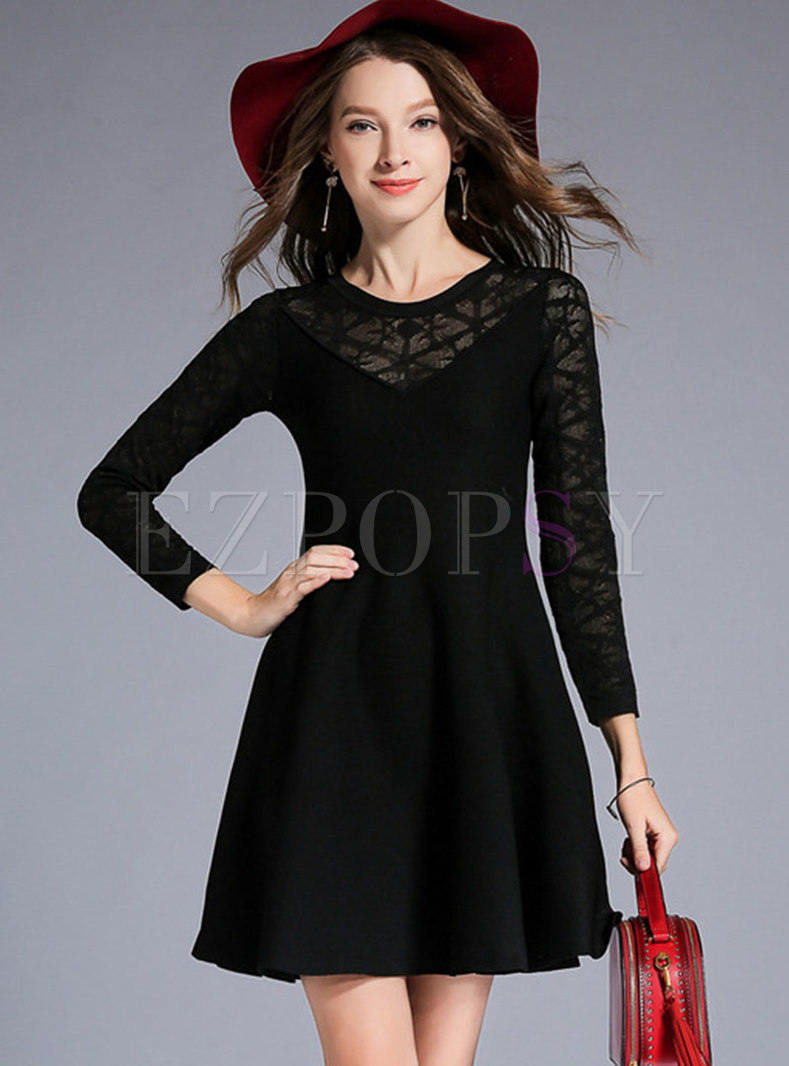 Stylish Hollow Out O-neck Knitted Skater Dress