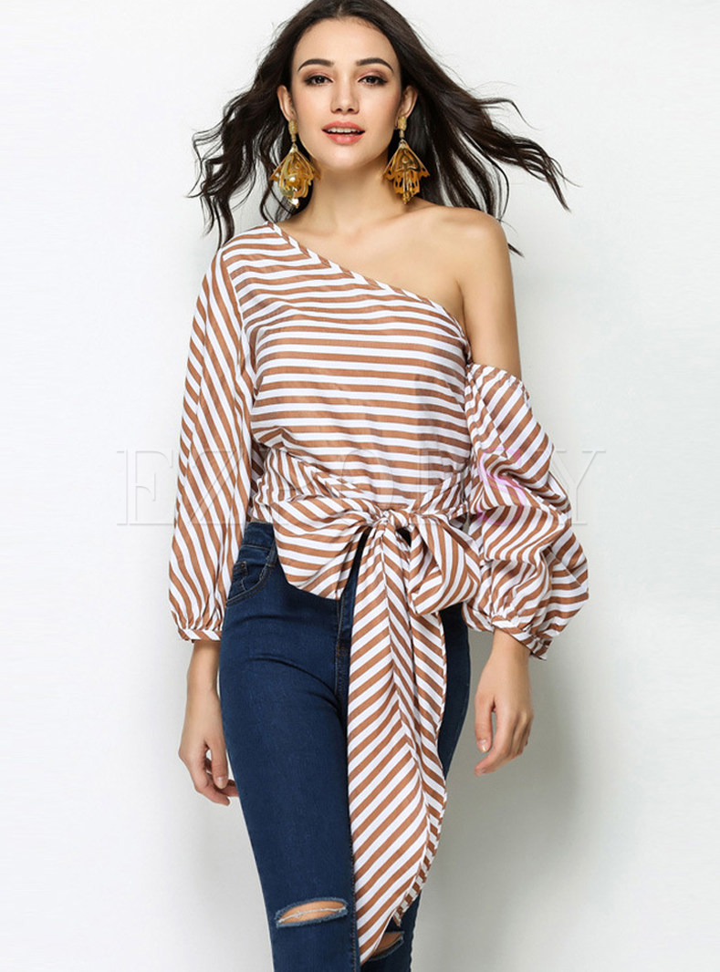 Sexy Off Shoulder Bowknot Tied Striped Blouse