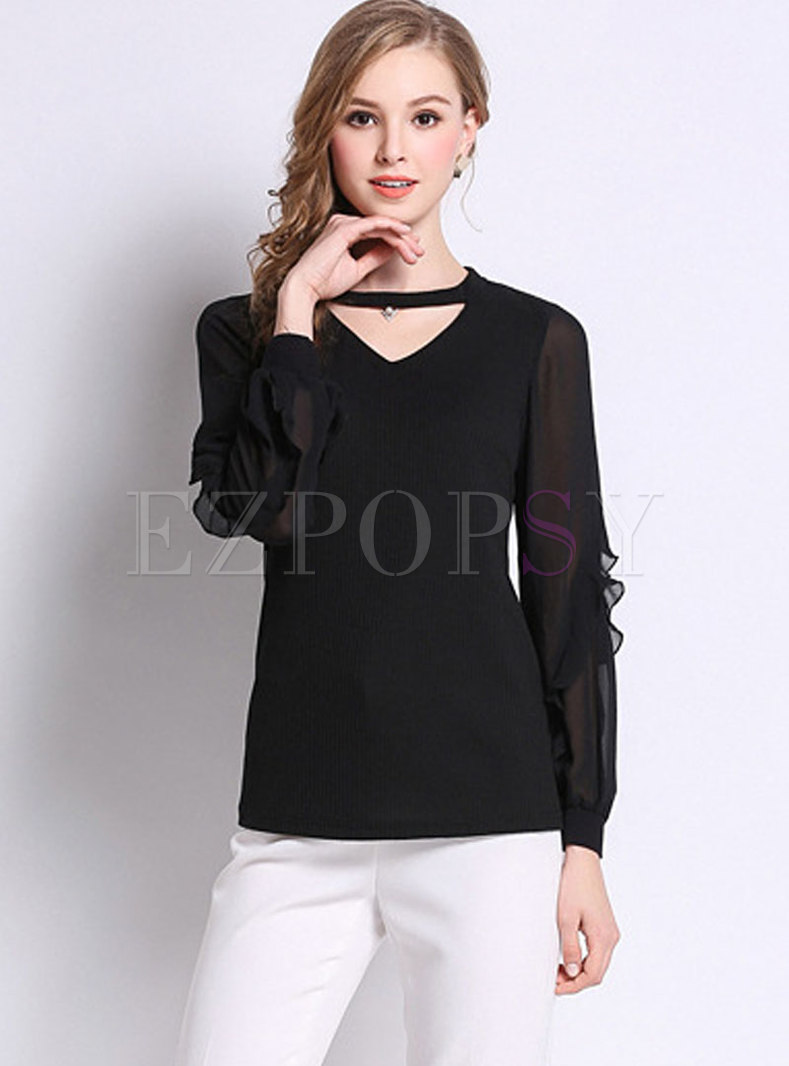 Black Casual Lantern Sleeve Knitted Bottoming Top