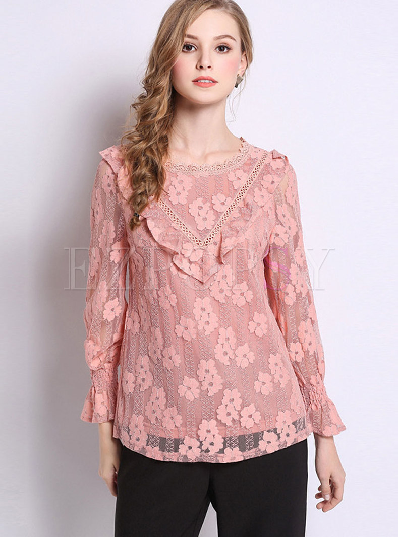 Sweet Pink Lace-paneled Flare Sleeve Pullover Top