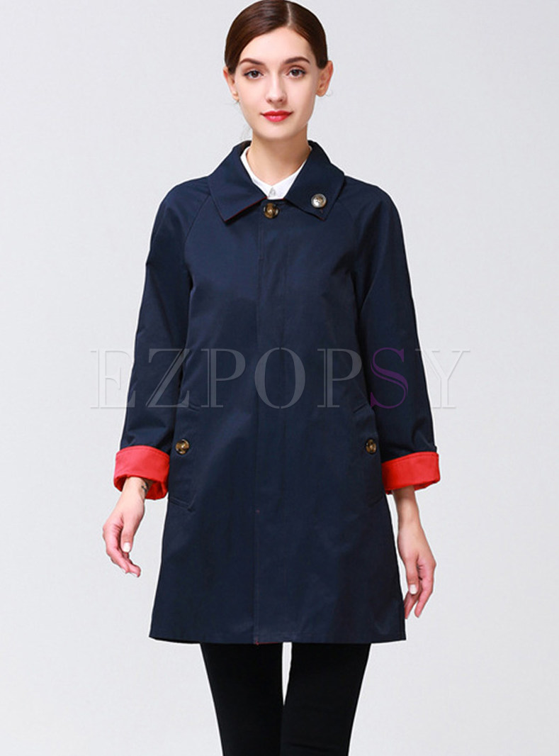 Trendy Color-blocked Lapel Single-breasted Trench Coat