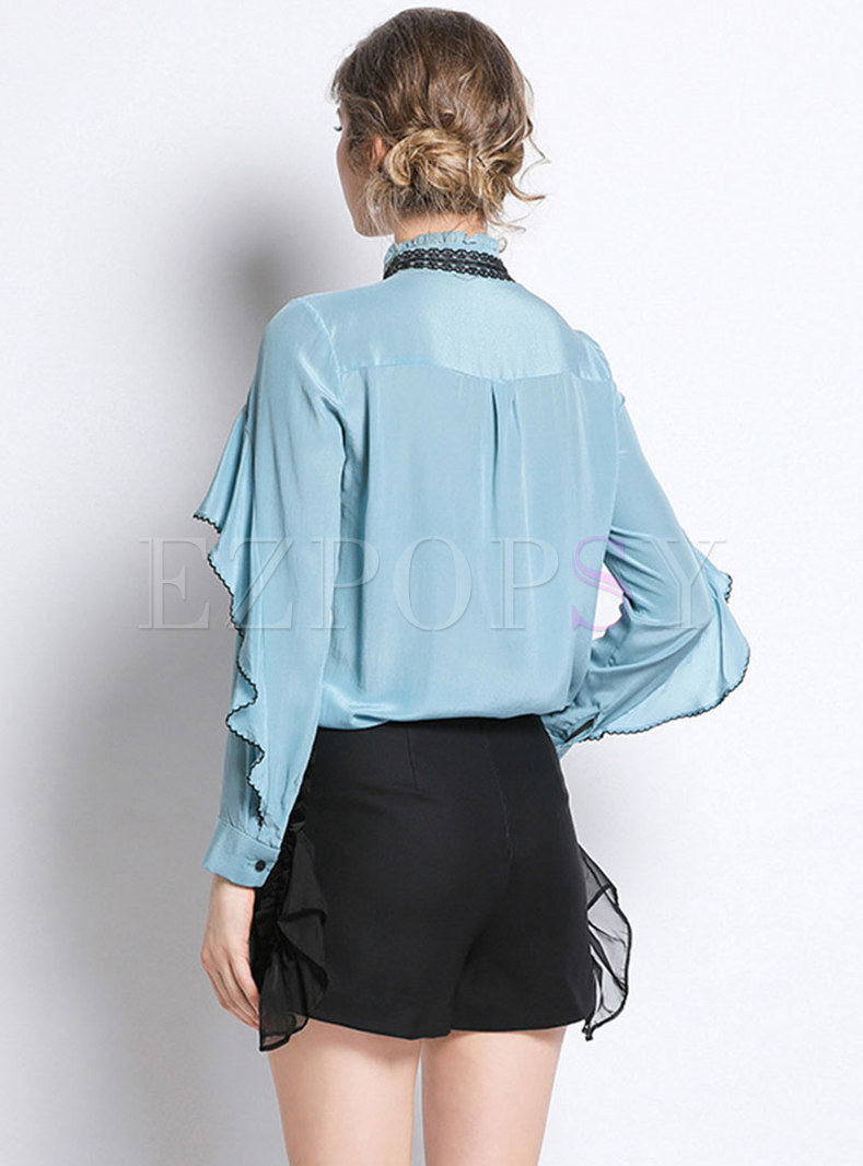 Tops Blouses Color Blocked Embroidered Ruffled Collar Single Breasted Falbala Blouse