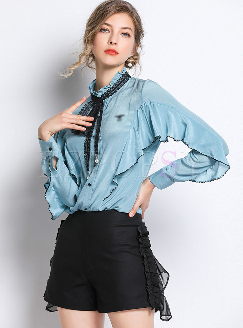 Tops Blouses Color Blocked Embroidered Ruffled Collar Single