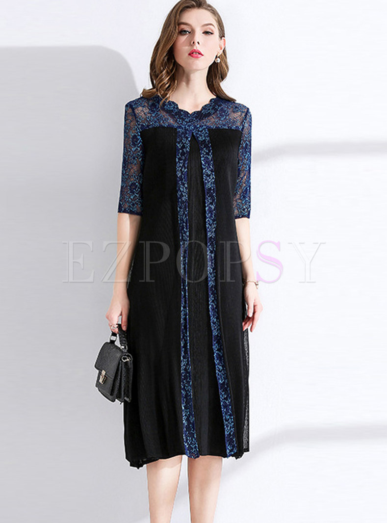 Color-blocked Lace Splicing Pleated A Line Dress