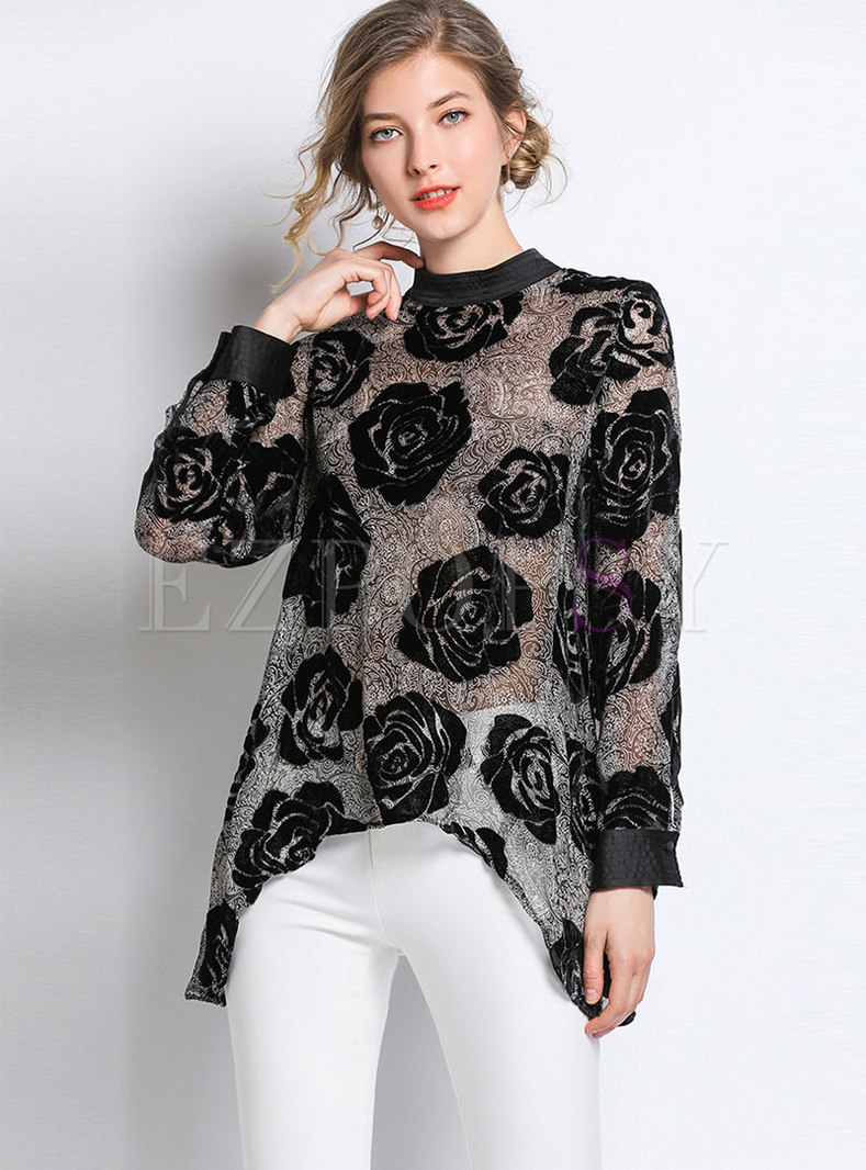 Tops | Blouses | Chic Rose Pattern O-neck Asymmetric Pullover Blouse