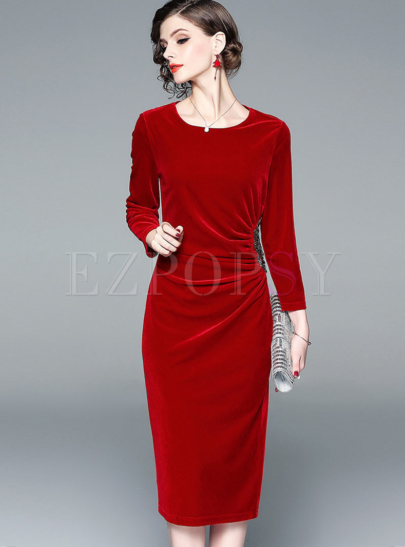 Elegant Velvet O-neck Gathered Waist Drilling Bodycon Dress