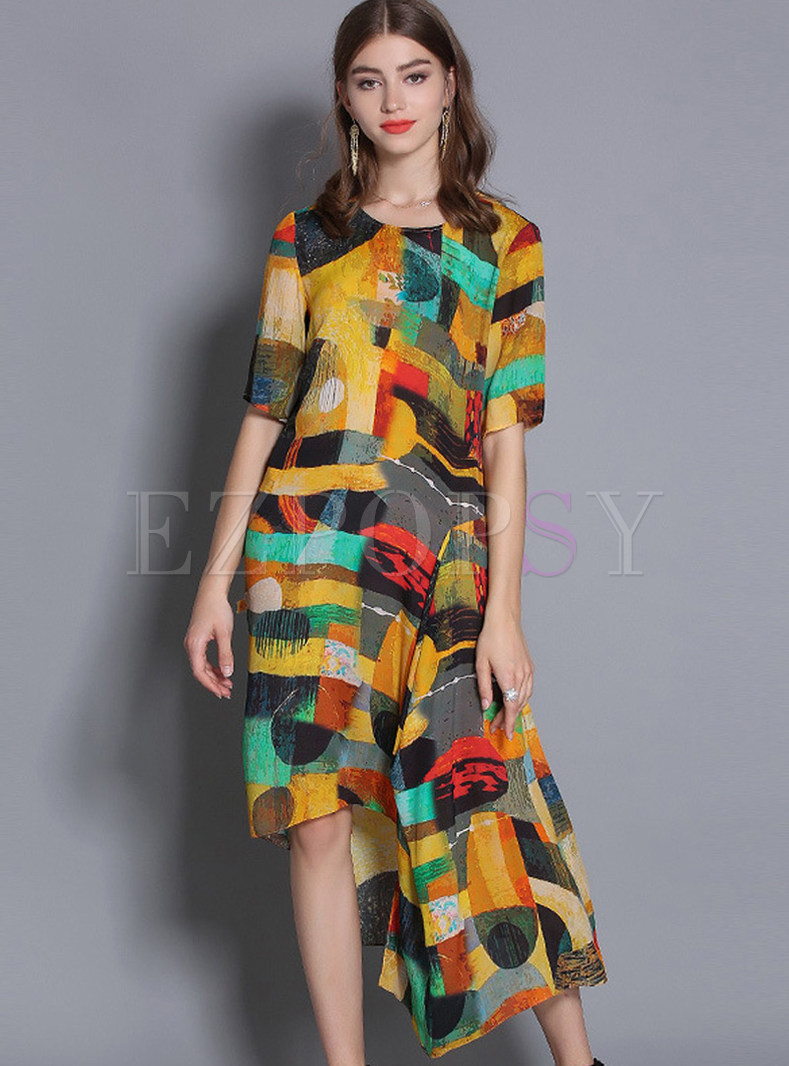 Casual O-neck Color-blocked Silk Asymmetric Dress